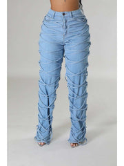 Tie-wrap Denim Patchwork High Rise Jeans