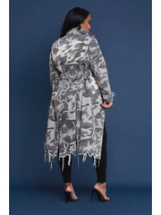 Denim Ripped Camo Tie-wrap Lapel Trench Coat