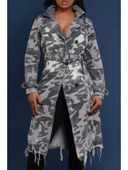 Denim Ripped Camo Tie-wrap Lapel Trench Coat