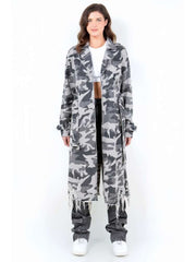 Denim Ripped Camo Tie-wrap Lapel Trench Coat