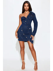 Denim One Shoulder Lapel Mini Dress