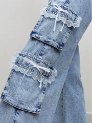 Denim Lacework Multi Pocket Cargo Jeans