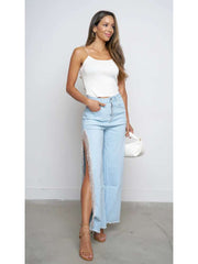 Embellished Fringe Split Hem Denim Jeans