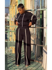 Loose Striped Trim Hooded Pant Sets