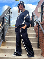 Loose Striped Trim Hooded Pant Sets