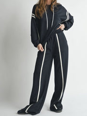 Loose Striped Trim Hooded Pant Sets