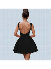 Plain Boat Neck Backless A-line Mini Dress