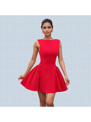 Plain Boat Neck Backless A-line Mini Dress