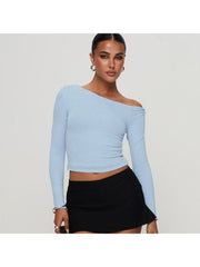 Ruched Inclined Shoulder Cropped Tops