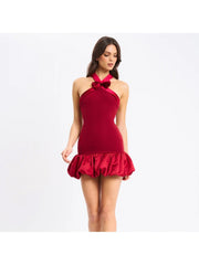 Red Bow Off Shoulder Halter Bubble Mini Dress