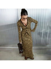 Leopard V Neck Buckle Coat Skirt Sets