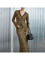 Leopard V Neck Buckle Coat Skirt Sets