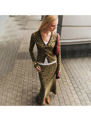 Leopard V Neck Buckle Coat Skirt Sets