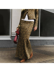 Leopard V Neck Buckle Coat Skirt Sets