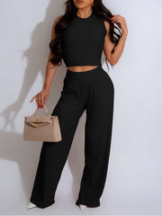 Plain Cropped Tank Wide Leg Pant Sets