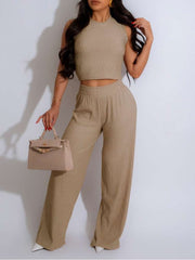 Plain Cropped Tank Wide Leg Pant Sets