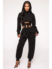 Solid Mock Neck Lace Up Cropped Pant Sets