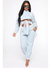 Solid Mock Neck Lace Up Cropped Pant Sets