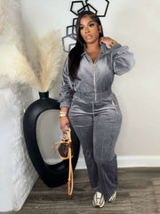 Casual Velour Zipper Lapel Coats Pant Sets