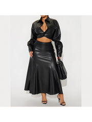 PU Cropped Lapel Coats Swing Skirt Sets