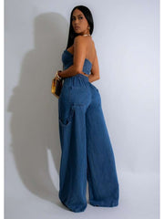 Denim Smocking Tube Wide Leg Pant Sets