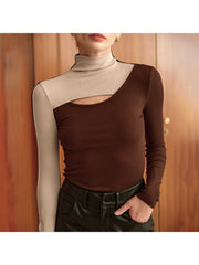 Colorblock Hollow-out Mock Neck Fitted Tops