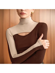 Colorblock Hollow-out Mock Neck Fitted Tops