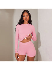 Plain Bodycon Long Sleeve Top Short Sets