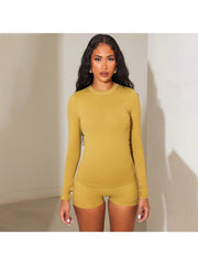 Plain Bodycon Long Sleeve Top Short Sets