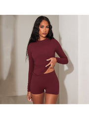 Plain Bodycon Long Sleeve Top Short Sets