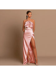 Elegant Satin Off Shoulder Split Ruched Maxi Dress