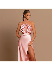 Elegant Satin Off Shoulder Split Ruched Maxi Dress