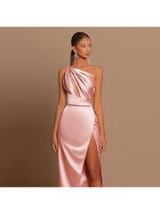 Elegant Satin Off Shoulder Split Ruched Maxi Dress