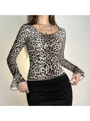 Leopard Crewneck Trumpet Sleeve T-shirts