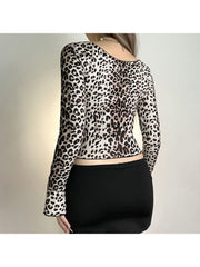 Leopard Crewneck Trumpet Sleeve T-shirts