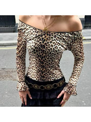 Leopard Crewneck Trumpet Sleeve T-shirts