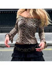 Leopard Crewneck Trumpet Sleeve T-shirts