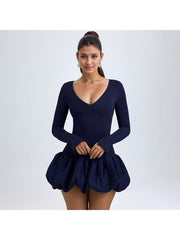 Solid V Neck Fitted Bubble Mini Dress