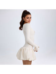 Solid V Neck Fitted Bubble Mini Dress