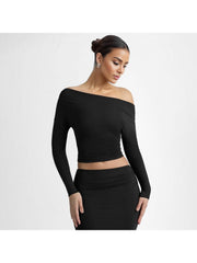 Ruched Inclined Shoulder Cropped Tops