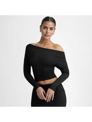 Ruched Inclined Shoulder Cropped Tops