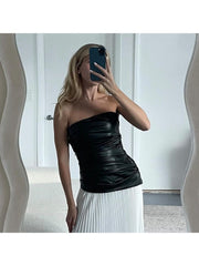 Irregular Ruched Strapless Leather Tank