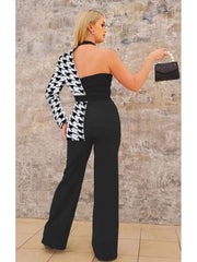 Houndstooth One Shoulder Jumpsuit Sets