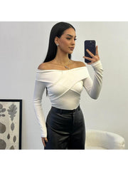 Plain Rib Off Shoulder Wrap Bare Waist Tops