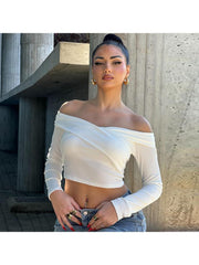 Plain Rib Off Shoulder Wrap Bare Waist Tops