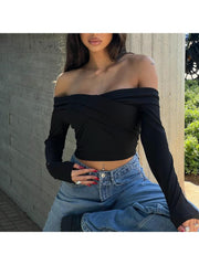 Plain Rib Off Shoulder Wrap Bare Waist Tops