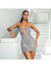 Rhinestones Hollow-out Slip Mini Dress