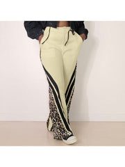 Colorblock Leopard Striped Trim Loose Pants