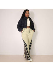 Colorblock Leopard Striped Trim Loose Pants