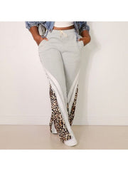 Colorblock Leopard Striped Trim Loose Pants